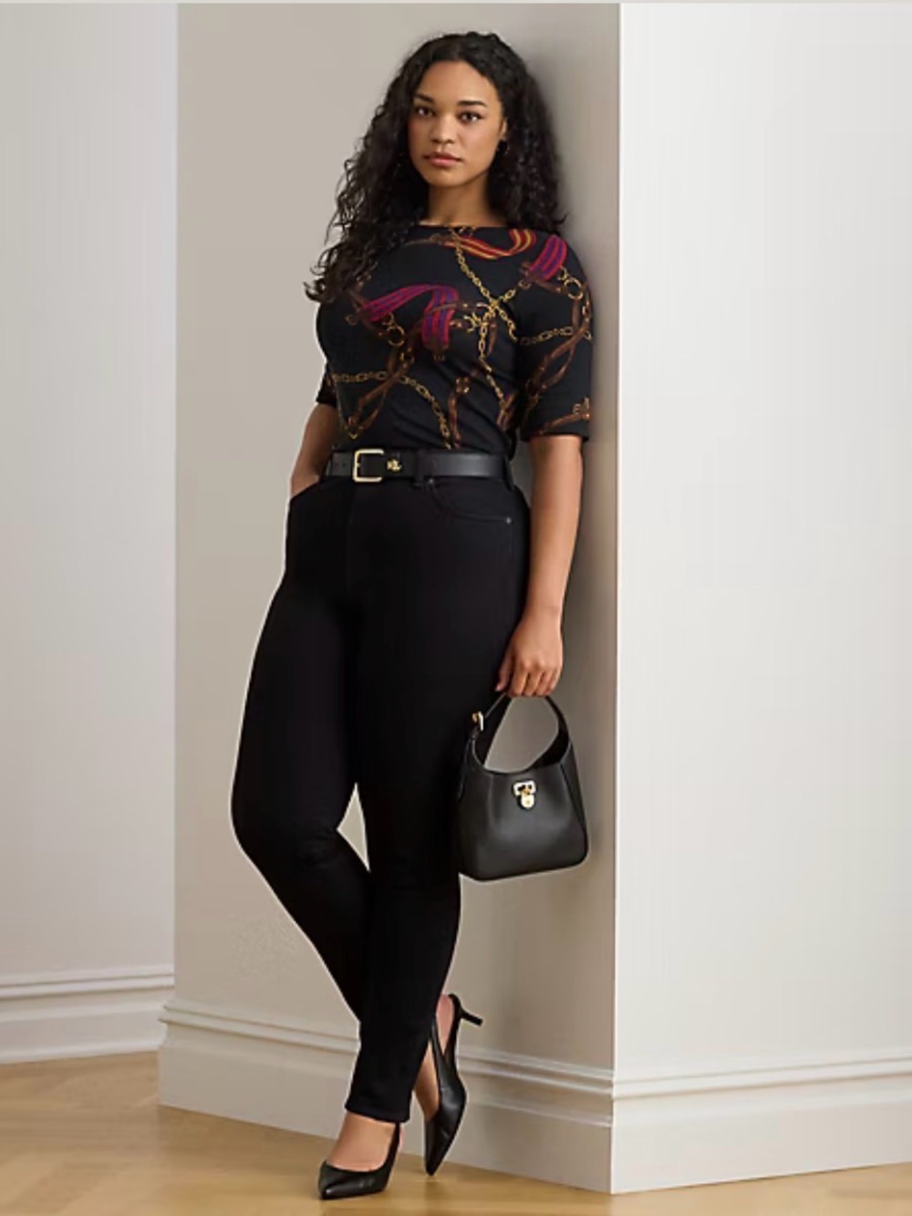 Lauren Ralph Lauren Equestrian Horsebit Chain Belt Print Top Navy Stretch 3X